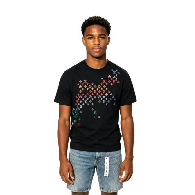 Louis Vuitton Monogram Flowersb Embro T-Shirt+Purple Brand Denim Shorts PK530 01