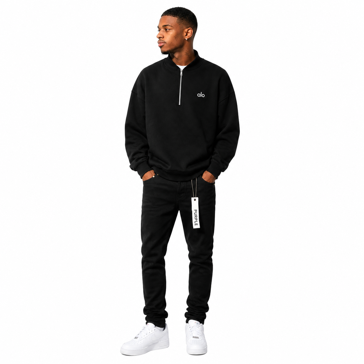 Alo Yoga Accolade 1/4 Zip Pullover Black + Purple Brand Fashion Men Jeans 4