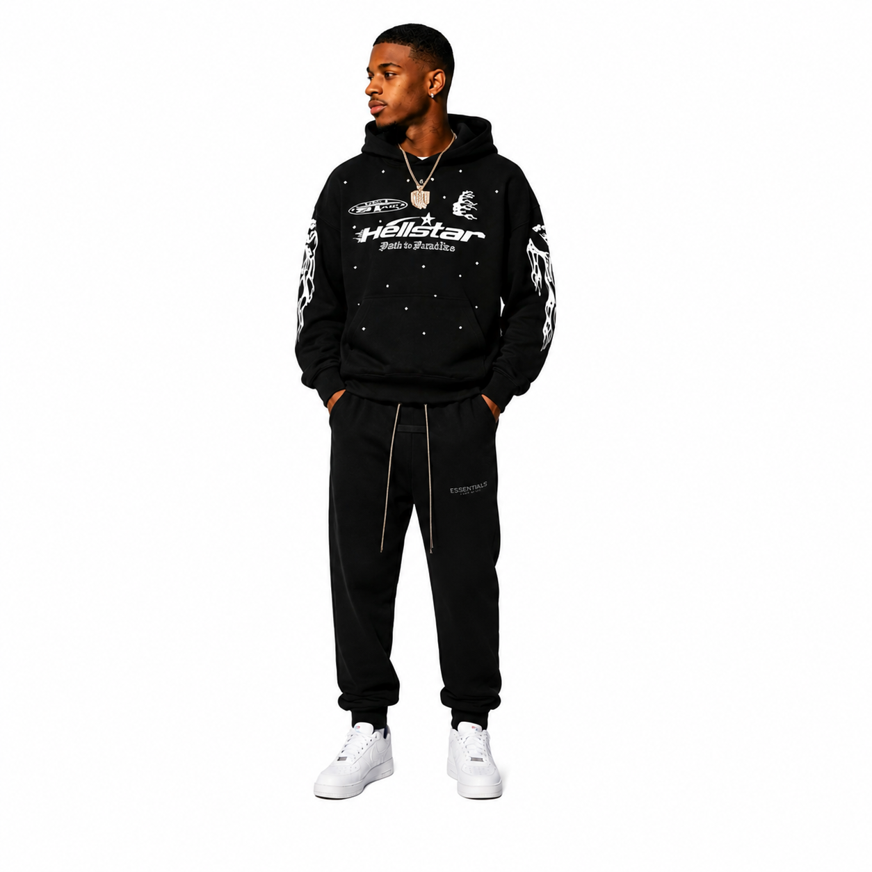 Hellstar Studios Records Tracksuit Black+Fear of God Essentials Core Collection Sweatpants Black