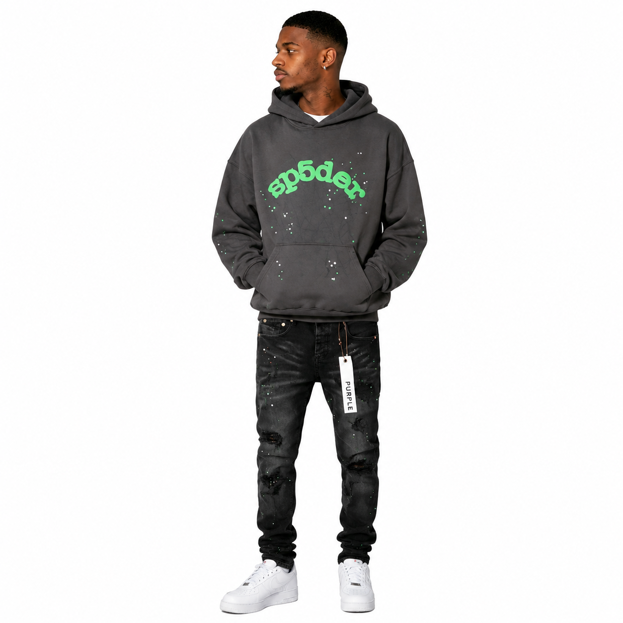 Sp5der Hoodie dark gray + Purple Brand Fashion Men Jeans 6