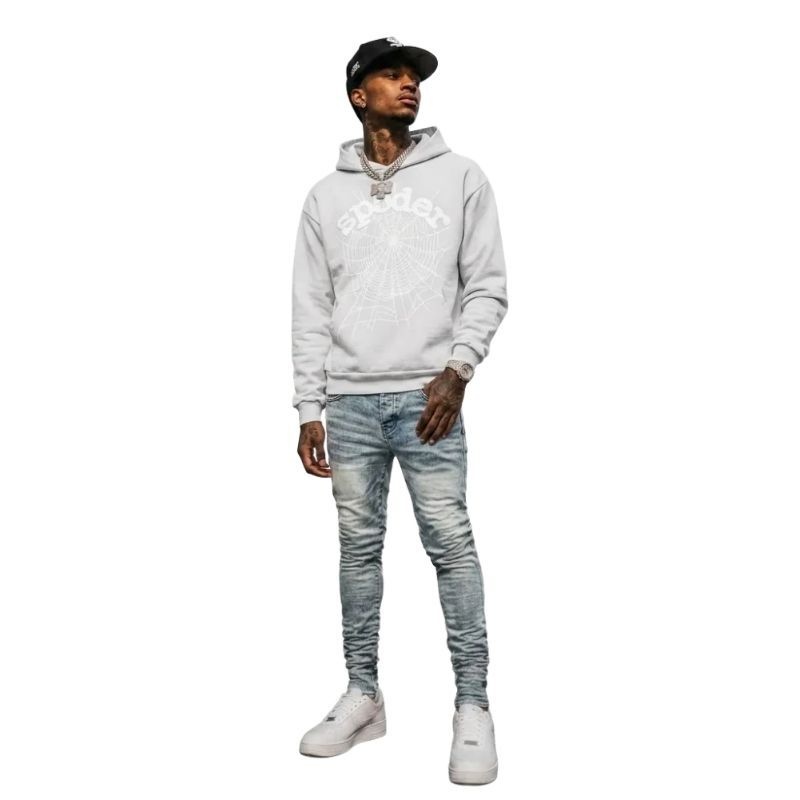 Sp5der OG Web Hoodie Heather Grey + Purple Brand Fashion Men Jeans YZ072421