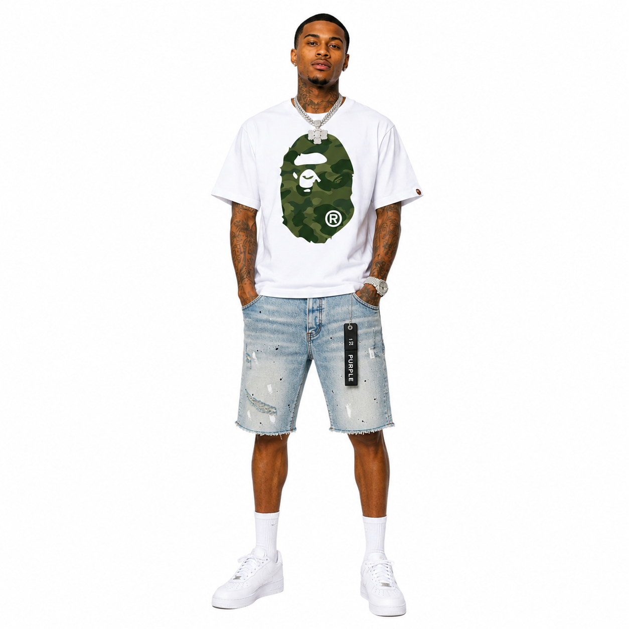 BAPE Color Camo Big Ape Head Tee White/Green+Purple Brand Denim Shorts PK511