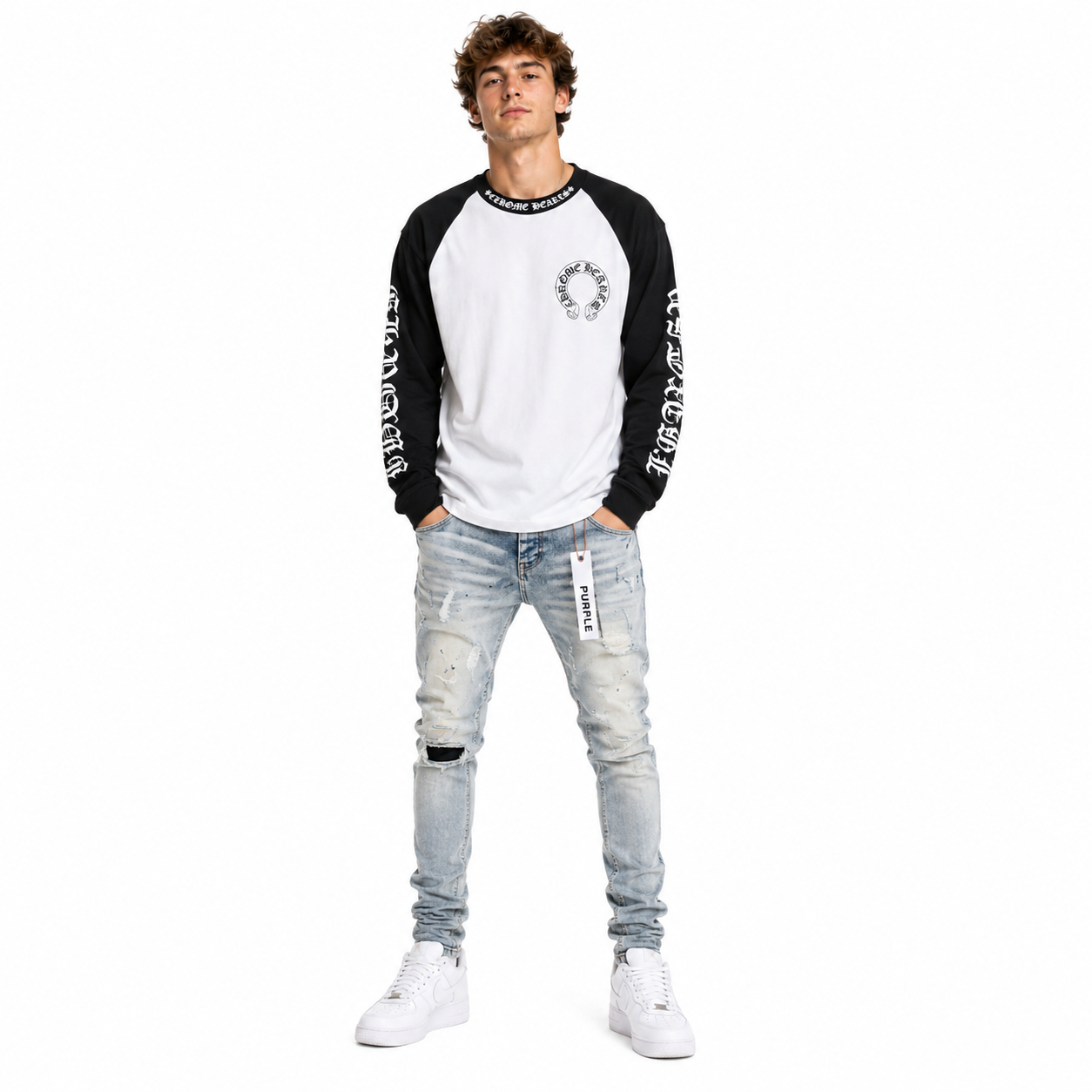 Chrome Hearts Horseshoe Baseball Shirt White/Black+Purple Brand Fashion Men Jeans 2