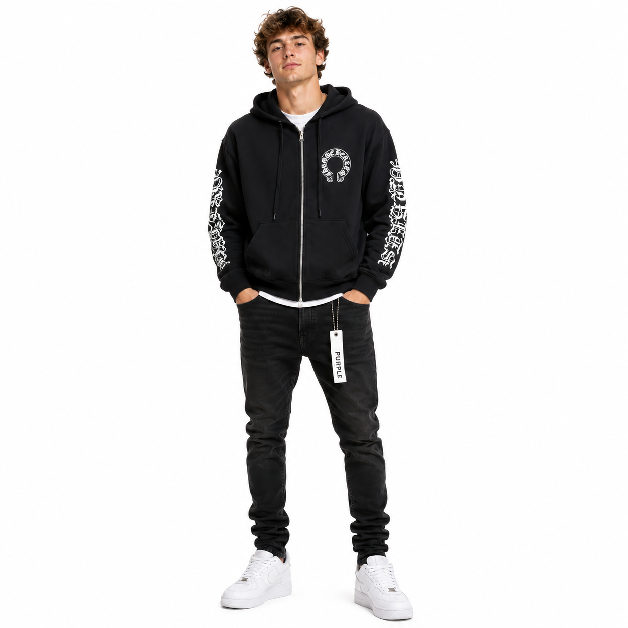 Chrome Hearts Horseshoe Floral Cross-Sleeve Zip Up Hoodie+Purple Brand Fashion Men Jeans 4