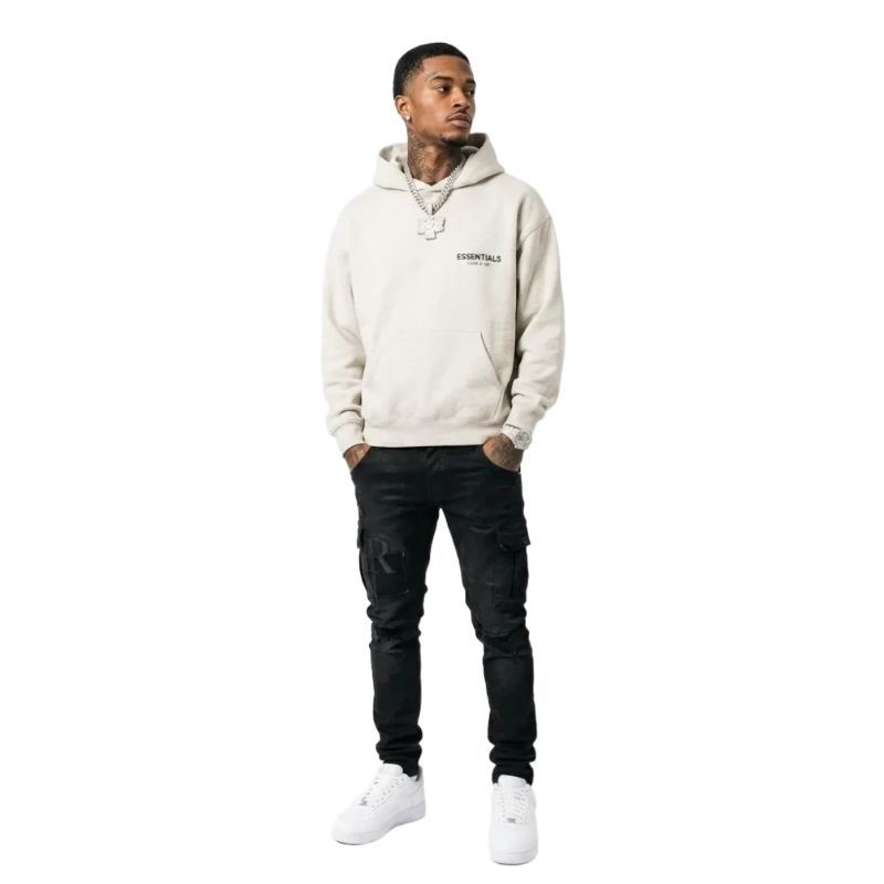 Fear of God Essentials Pullover Hoodie Light Heather Oatmeal + Amiri Jeans PK 8918