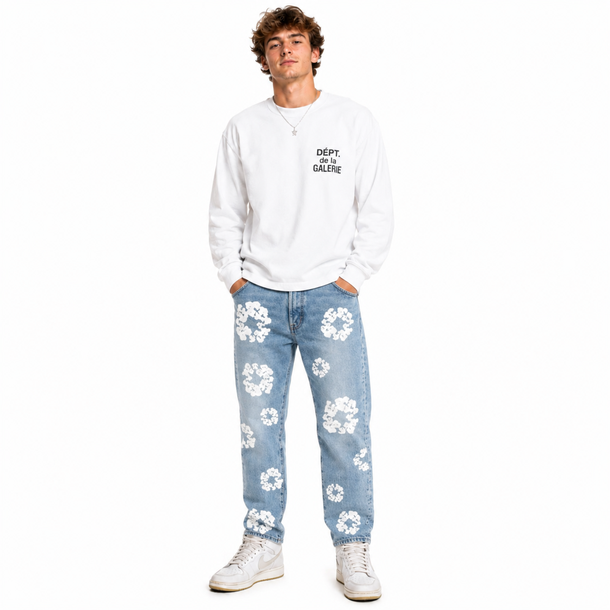Gallery Dept. De La GALERIE L/S Pocket T-shirt White+DENIM TEARS THE COTTON WREATH JEAN LIGHT WASH