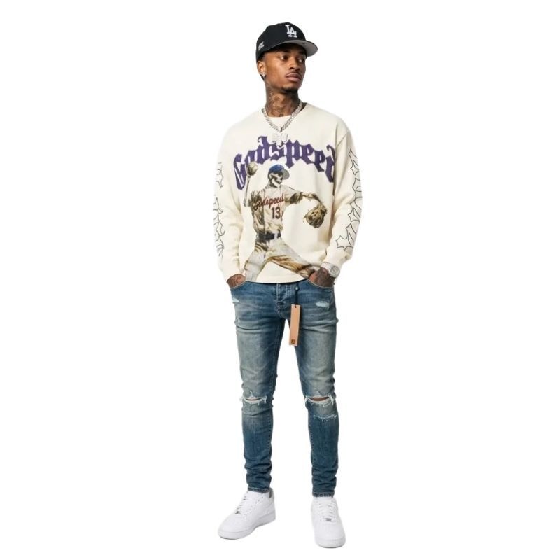 Godspeed Strike Out Long Sleeve T-shirt Bone #3158+Ksubi Jeans PK 3018