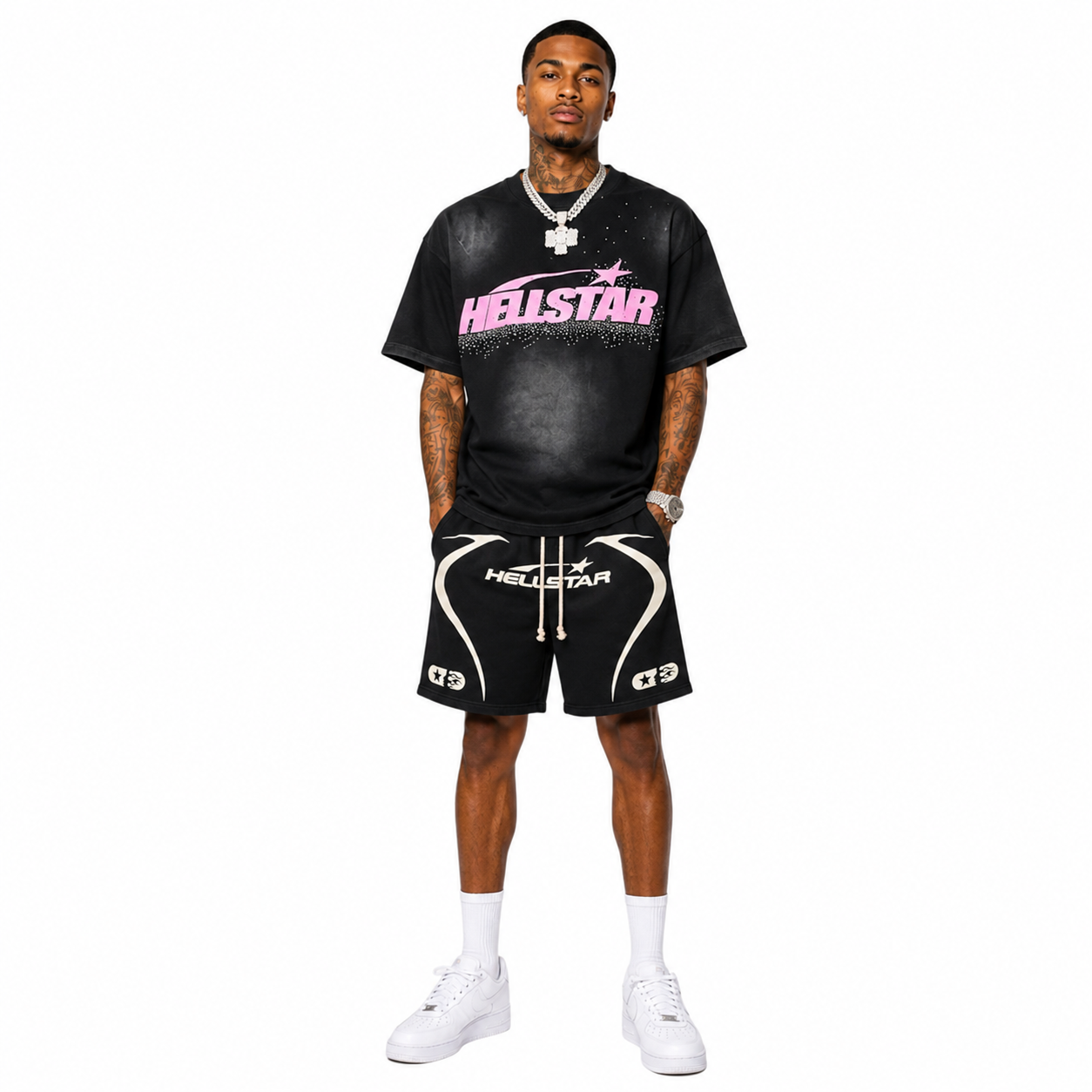 Hellstar T-Shirt-6753#+Hellstar Warm Up Shorts Black