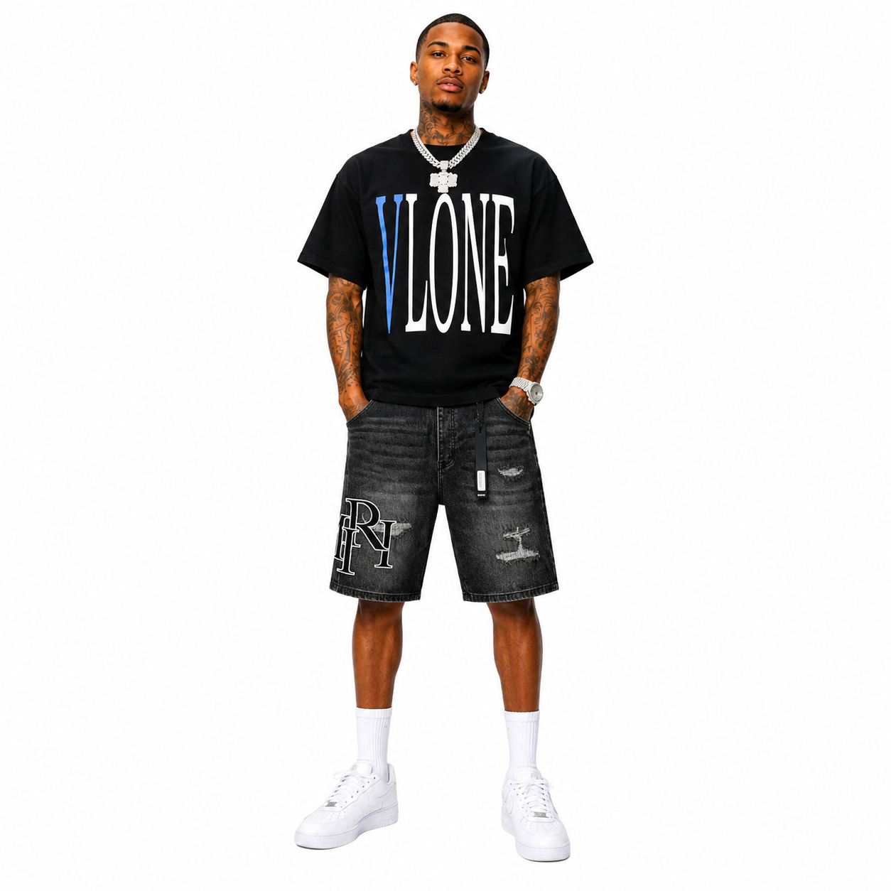 Vlone White Snake Tee+Amiri jean shorts-605#