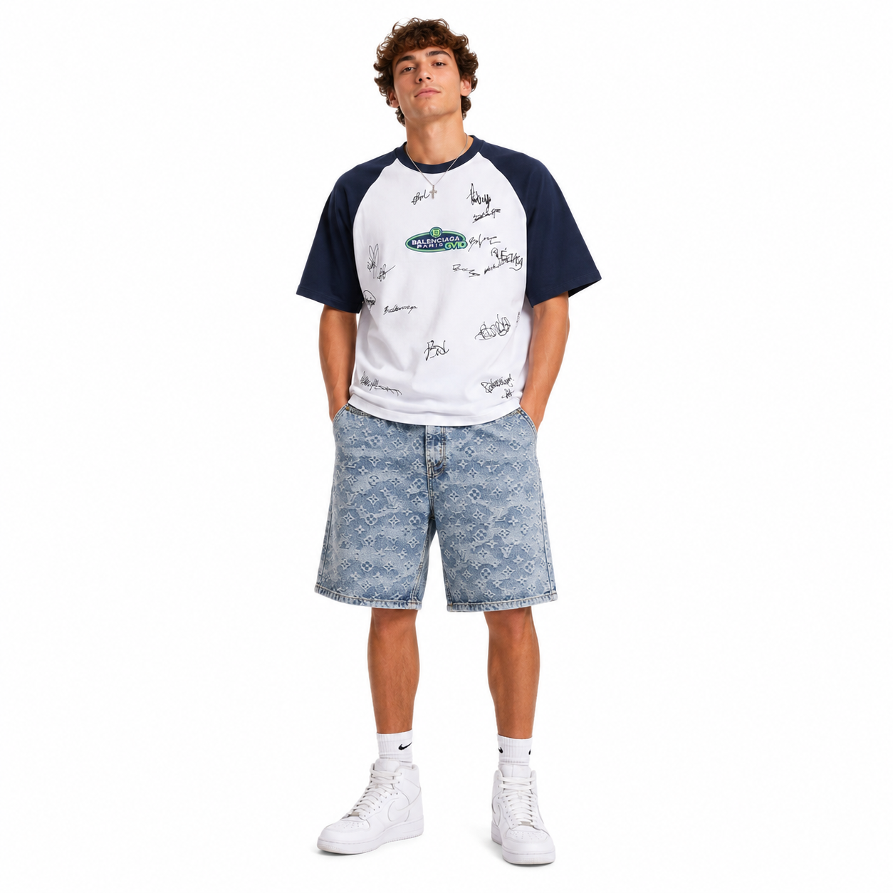 Balenciaga Banana Raglan Oversized T-Shirt White+Louis Vuitton Monogram Denim Shorts