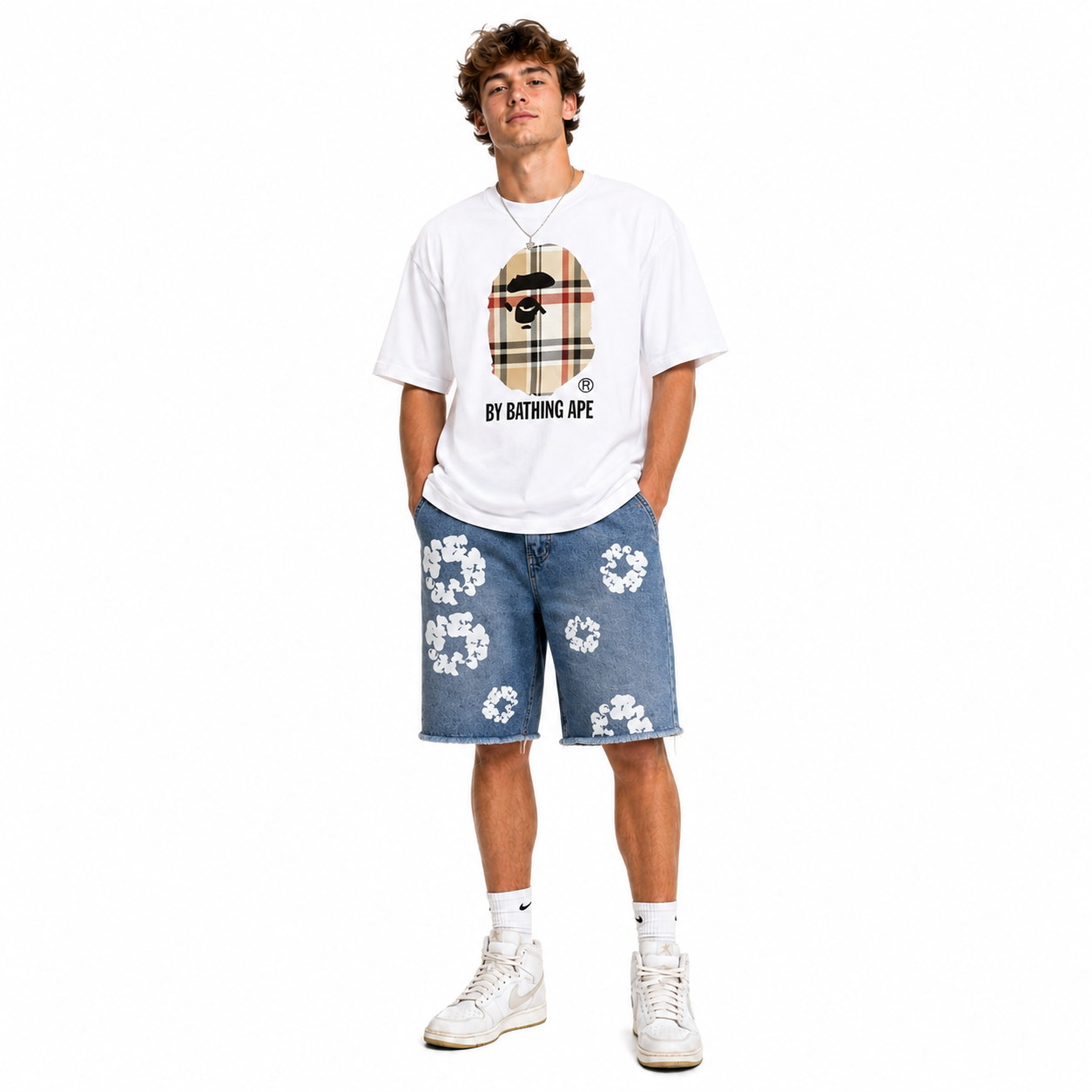 BAPE A Bathing Ape Check by Bathing Tee White/Beige+Denim Tears Jeans Shorts Black CX758615