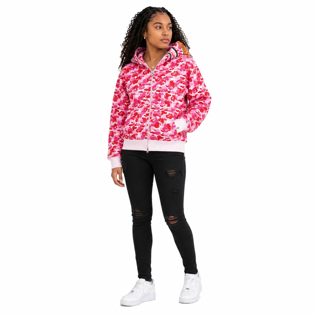 BAPE ABC Camo Shark Full Zip Hoodie Pink+Amiri Black MX1 Jeans