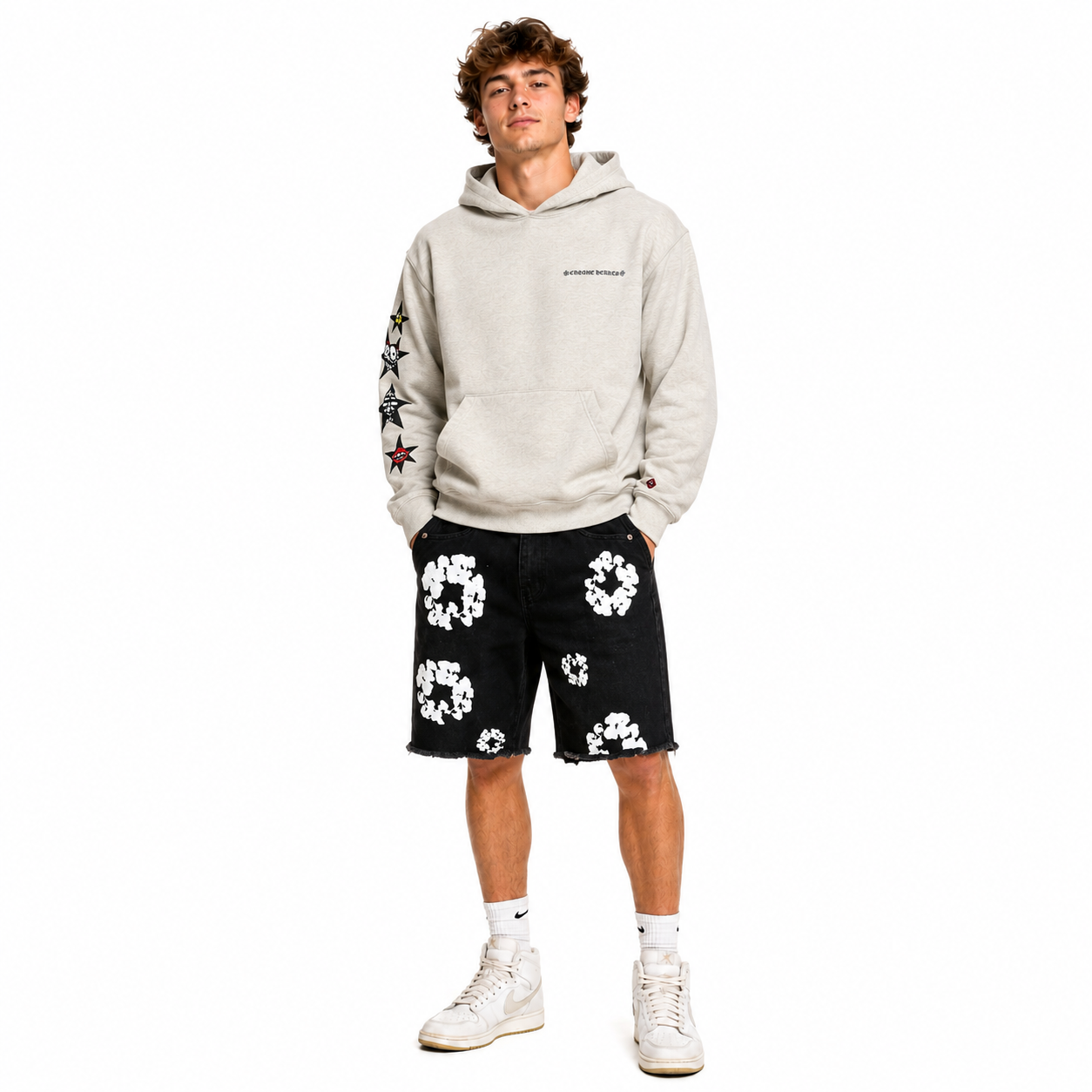 Chrome Hearts Matty Boy Hoodie Grey+Denim Tears Jeans Shorts Black CX758615