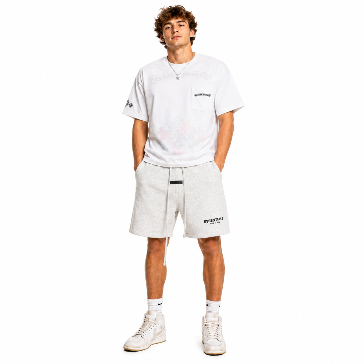 Chrome Hearts Multi Color Cross T-shirt White+Fear of God Essentials Sweatshort (SS22) Light Oatmeal