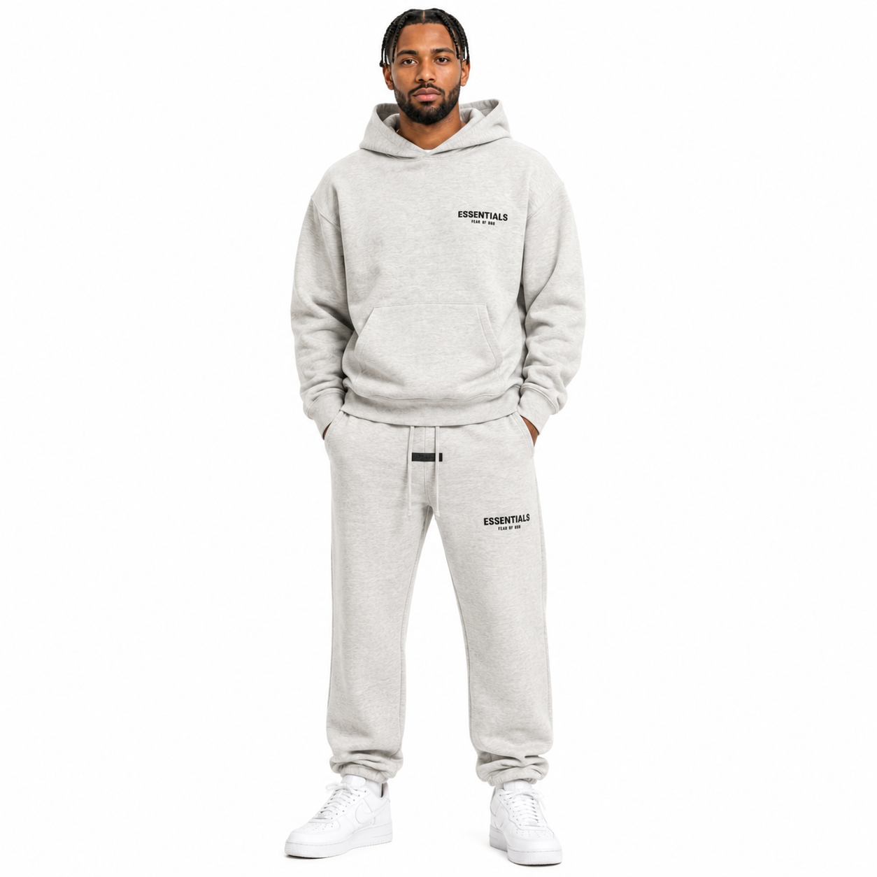 Fear of God Essentials Pullover Hoodie Light Heather Oatmeal+Fear of God Essentials Relaxed Sweatpants (SS22) Light Oatmeal