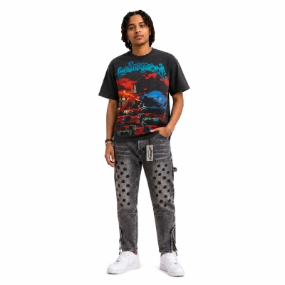 Godspeed Life's A Gamble T-shirt #1013 Black Wash+Godspeed Embroidered Multi-Pocket Jeans #8239 Smoky Gray 01
