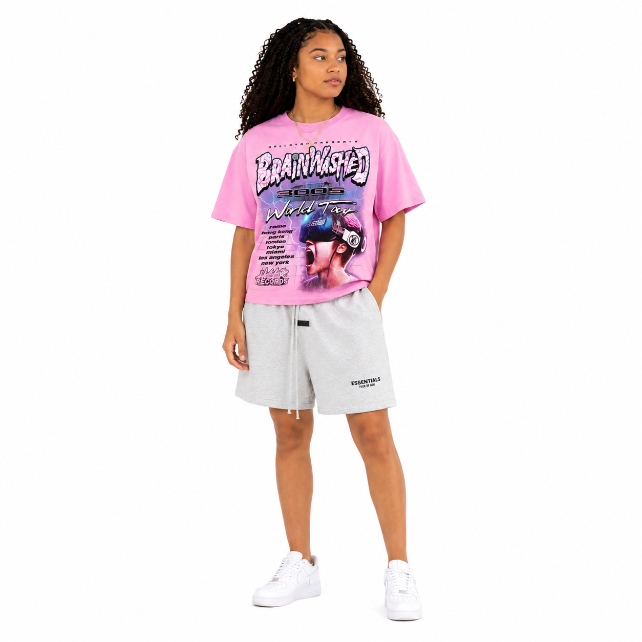 Hellstar Brainwashed World Tour T-Shirt Pink+Fear of God Essentials Shorts