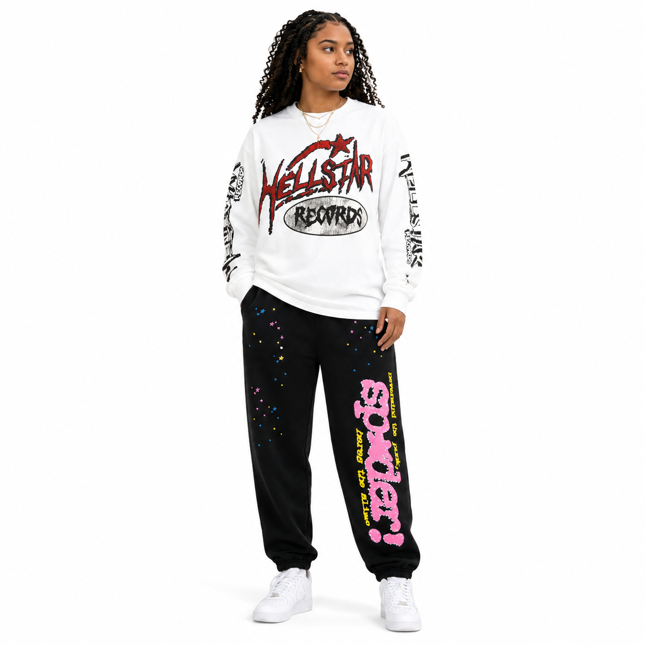 Hellstar Records Long Sleeve Tee White+Sp5der P*NK V2 Sweatpant Black