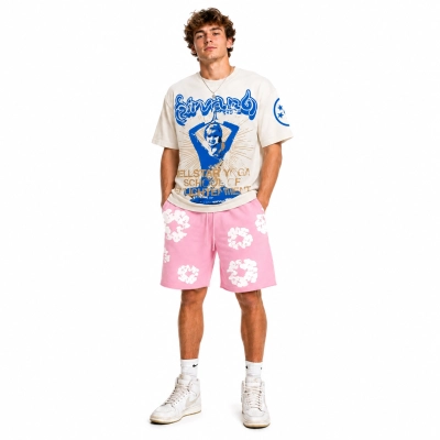 Hellstar Studios Yoga Cream Tee+Denim Tears The Cotton Wreath Shorts Pink 01
