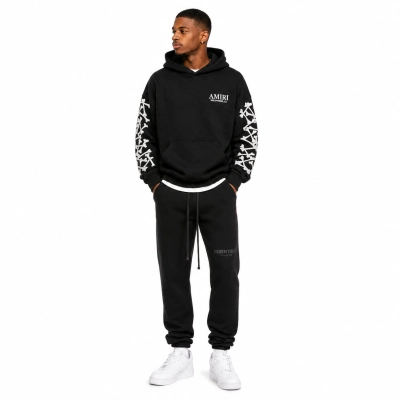 Amiri Men's Bones Stacked Hoodie Black+Fear of God Essentials Core Collection Lounge Pants Black 01