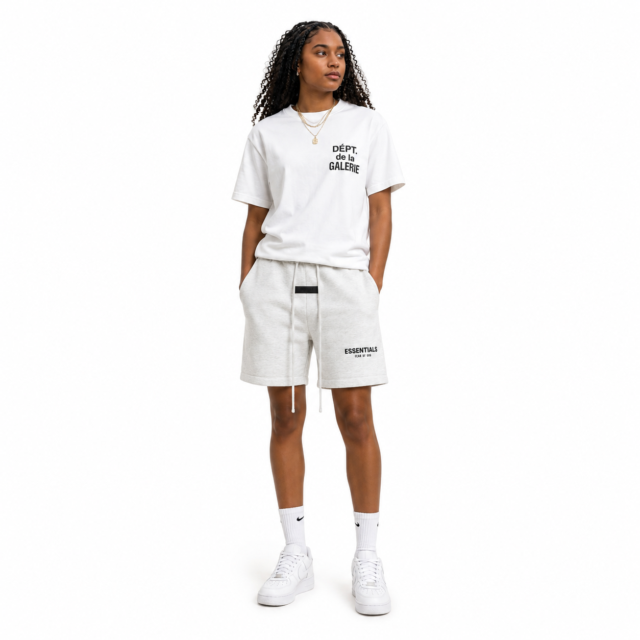 Gallery Dept. French T-shirt White/Black+Fear of God Essentials Sweatshort (SS22) Light Oatmeal