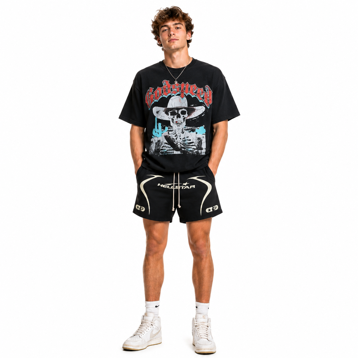Godspeed T-Shirt-7023# + Hellstar Warm Up Shorts Black