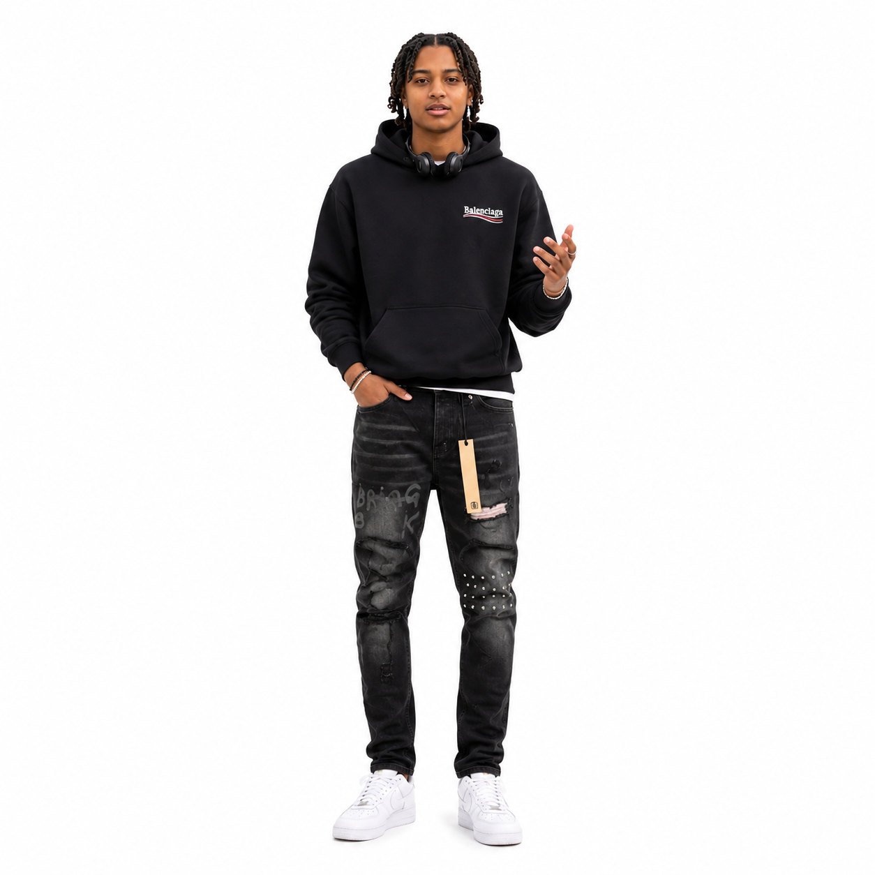 Balenciaga Political Campaign Hoodie Medium Fit 'Black' 600583TKVI91070+Ksubi Jeans PK 3015
