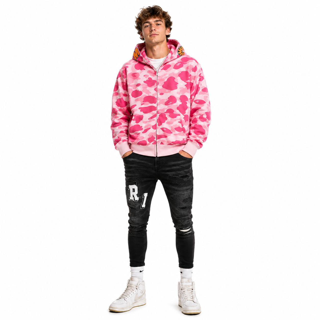 BAPE Color Camo Shark Zip Hoodie Pink+Amiri Jeans PK 8815