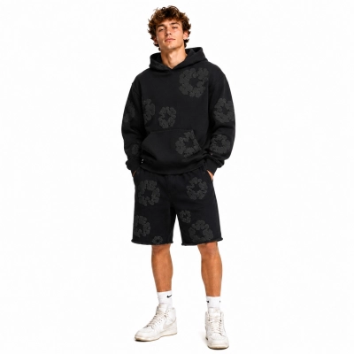 Denim Tears Cotton Wreath Hooded Sweatshirt 'Black Monochrome'+Denim Tears The Cotton Wreath Shorts Black Grey 01