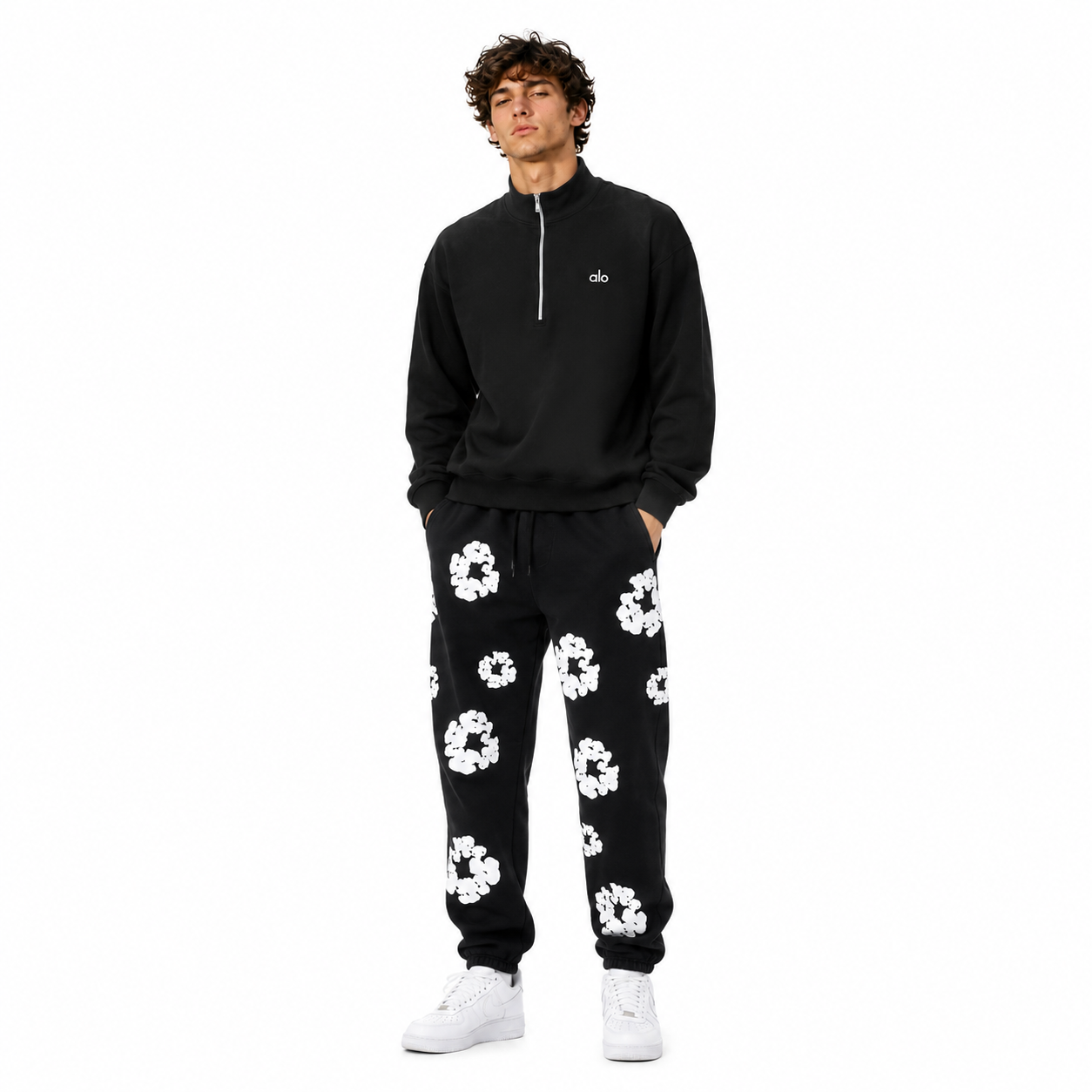 Alo Yoga Accolade 1/4 Zip Pullover Black+Denim Tears The Cotton Wreath Sweatpants Black