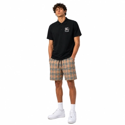 Burberry Equestrian Knight Cotton Piqué Polo Shirt Black/White+Burberry Check Drawcord Swim Shorts Archive Beige 01