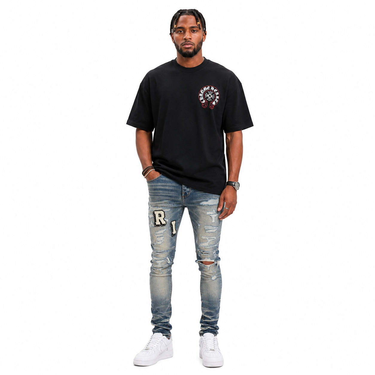Chrome Hearts Horseshoe Straight Cross T-Shirt Black/White+AMIRI Blue Varsity Jeans