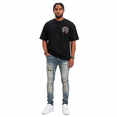 Chrome Hearts Horseshoe Straight Cross T-Shirt Black/White+AMIRI Blue Varsity Jeans 01