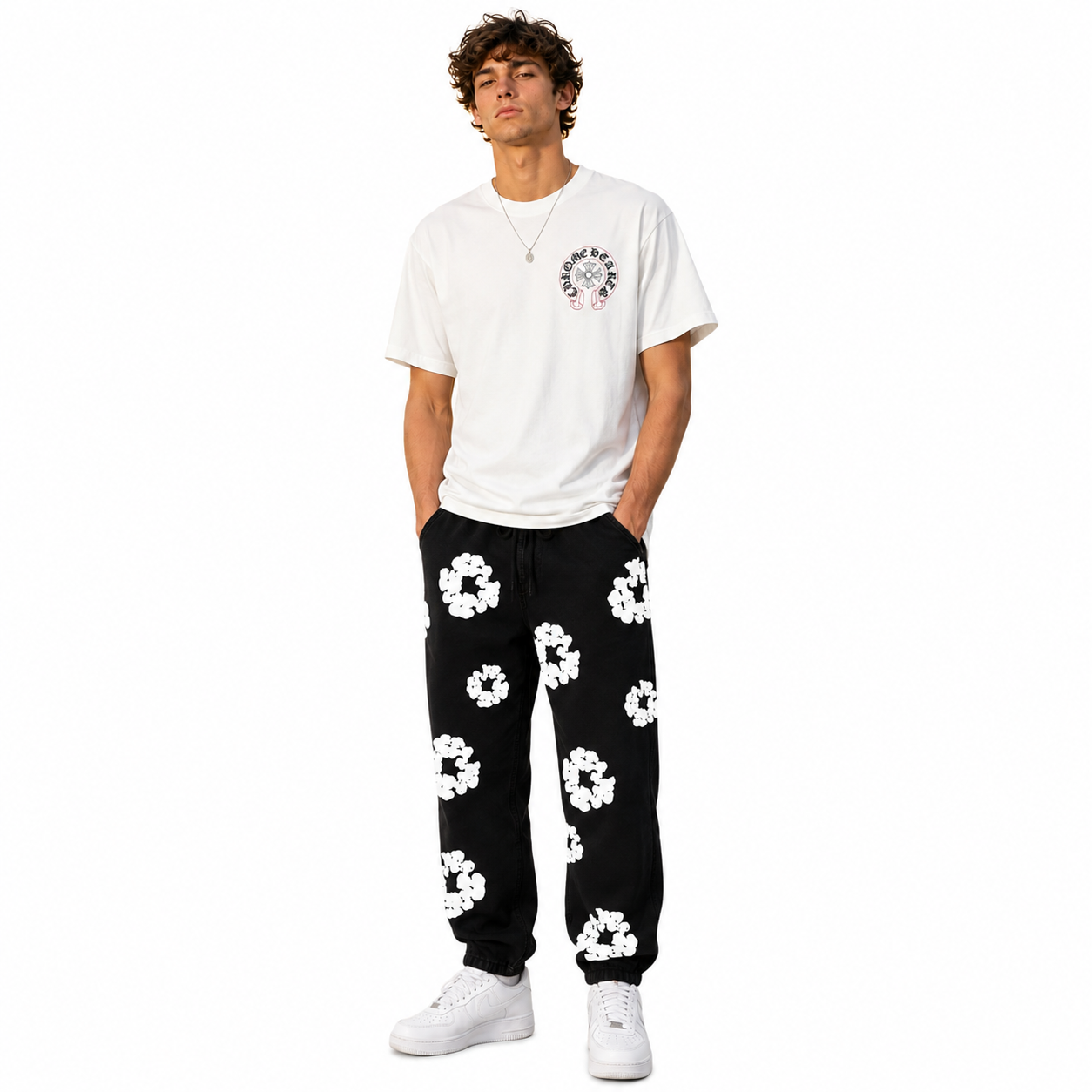 Chrome Hearts Horseshoe Straight Cross T-Shirt Black/White+Denim Tears The Cotton Wreath Sweatpants Black