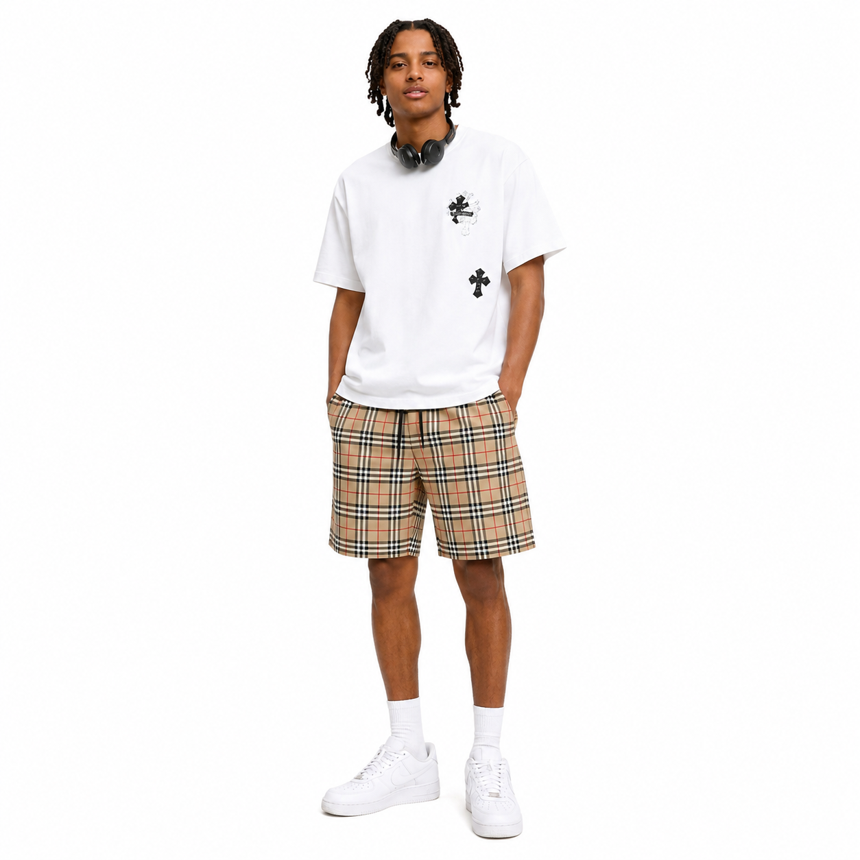Chrome Hearts Vertical Multi Cross Patch T-Shirt+Burberry Check Drawcord Swim Shorts Archive Beige