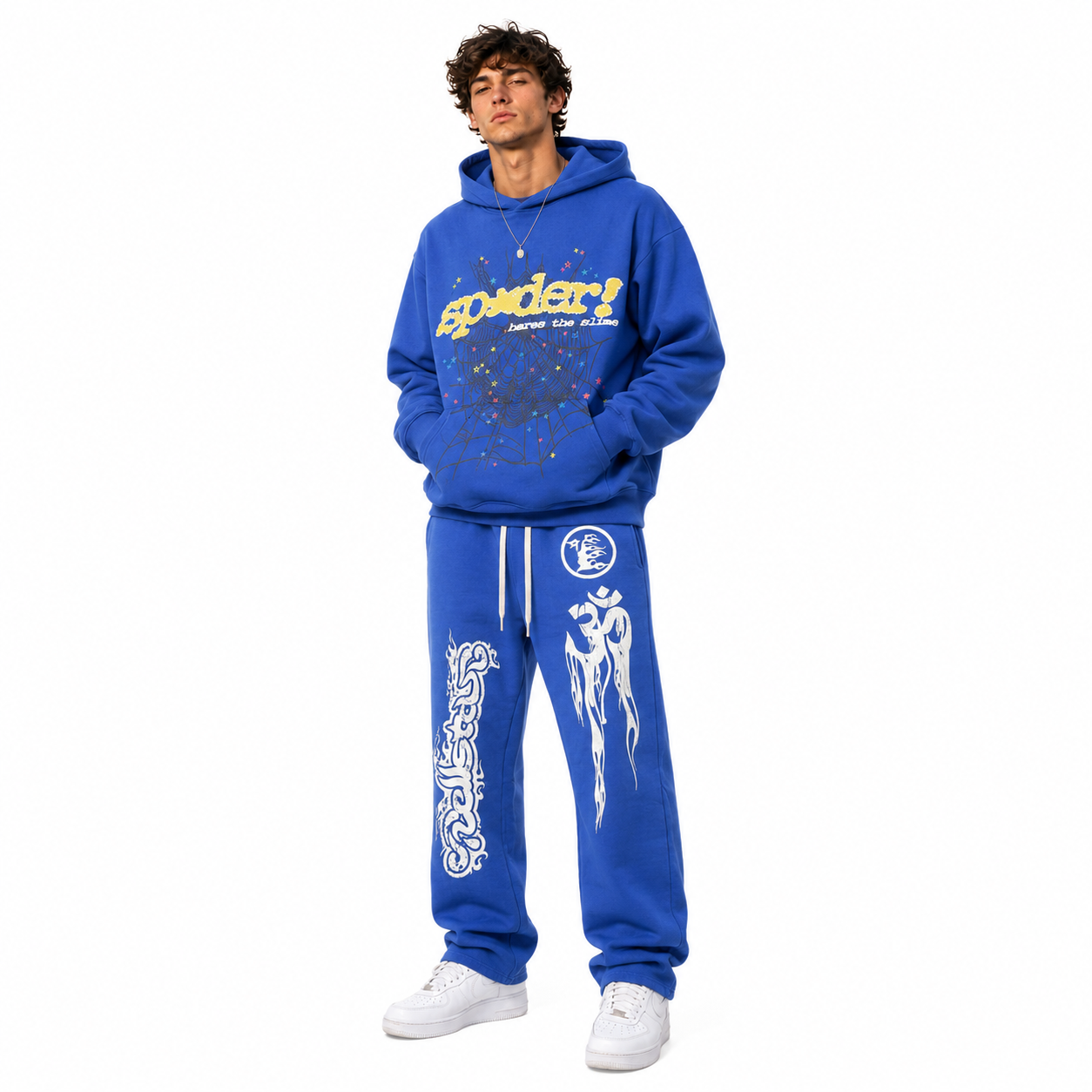 Sp5der Hoodie 'TC Blue'+Hellstar Studios Blue Sweatpants