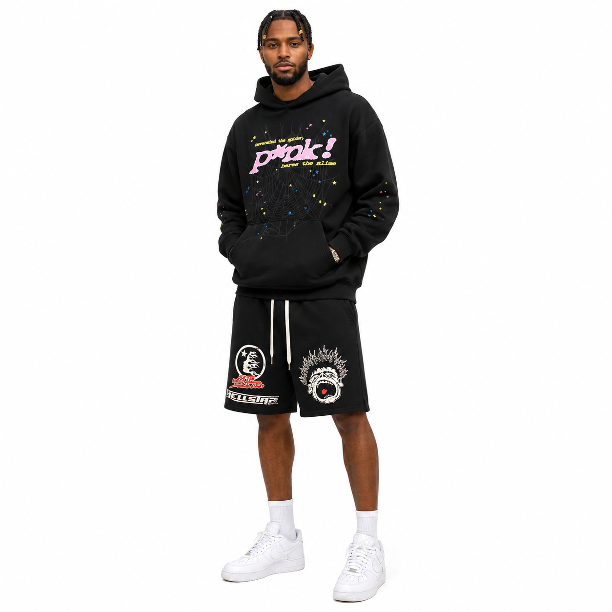 Sp5der P*NK Hoodie Black+Hellstar-702-0302