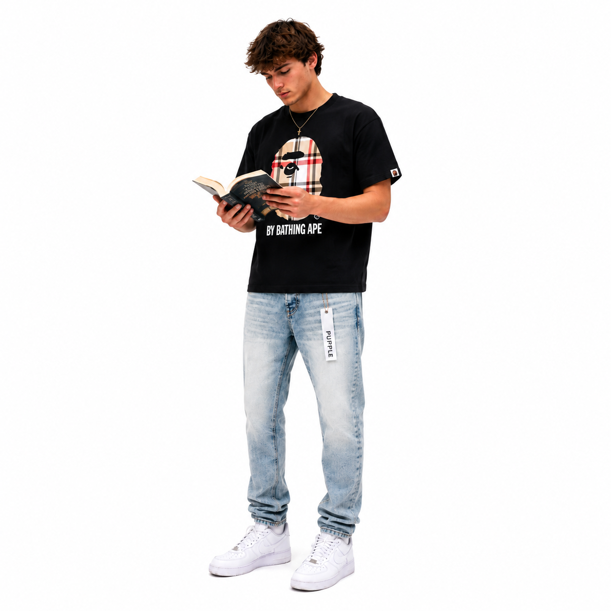 BAPE A Bathing Ape Check by Bathing Tee Black/Beige + Purple Brand Fashion Men Jeans YZ072421