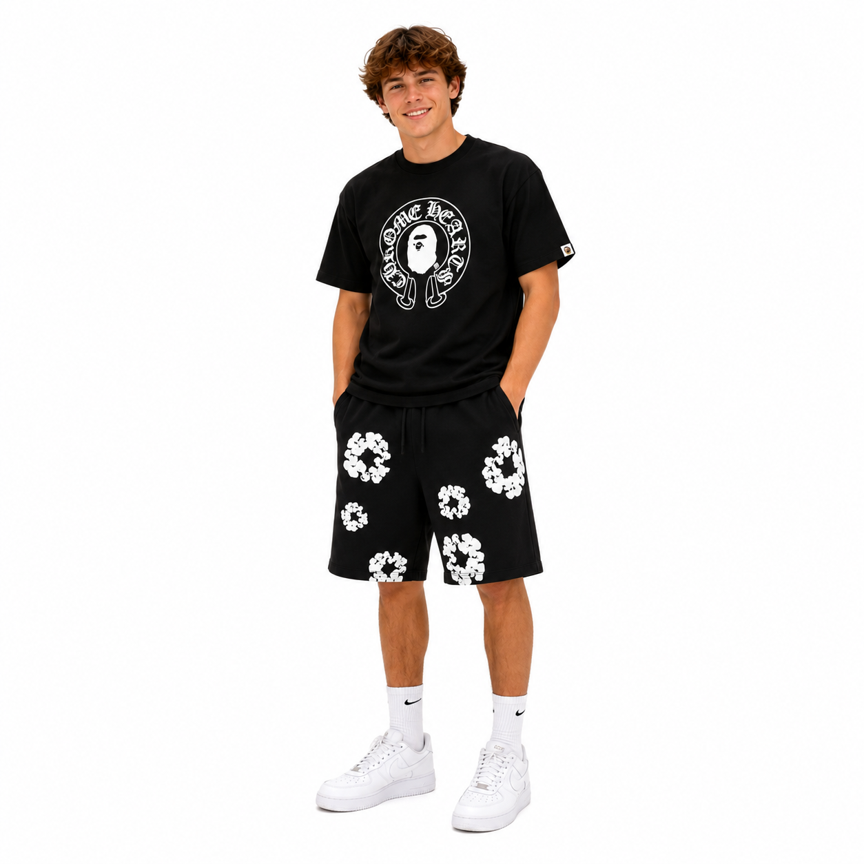 BAPE x Chrome Hearts Baby Milo T-shirt Black + Denim Tears The Cotton Wreath Shorts Black
