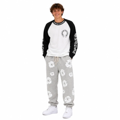 Chrome Hearts Horseshoe Baseball Shirt White/Black+Denim Tears The Cotton Wreath Sweatpants Grey 01