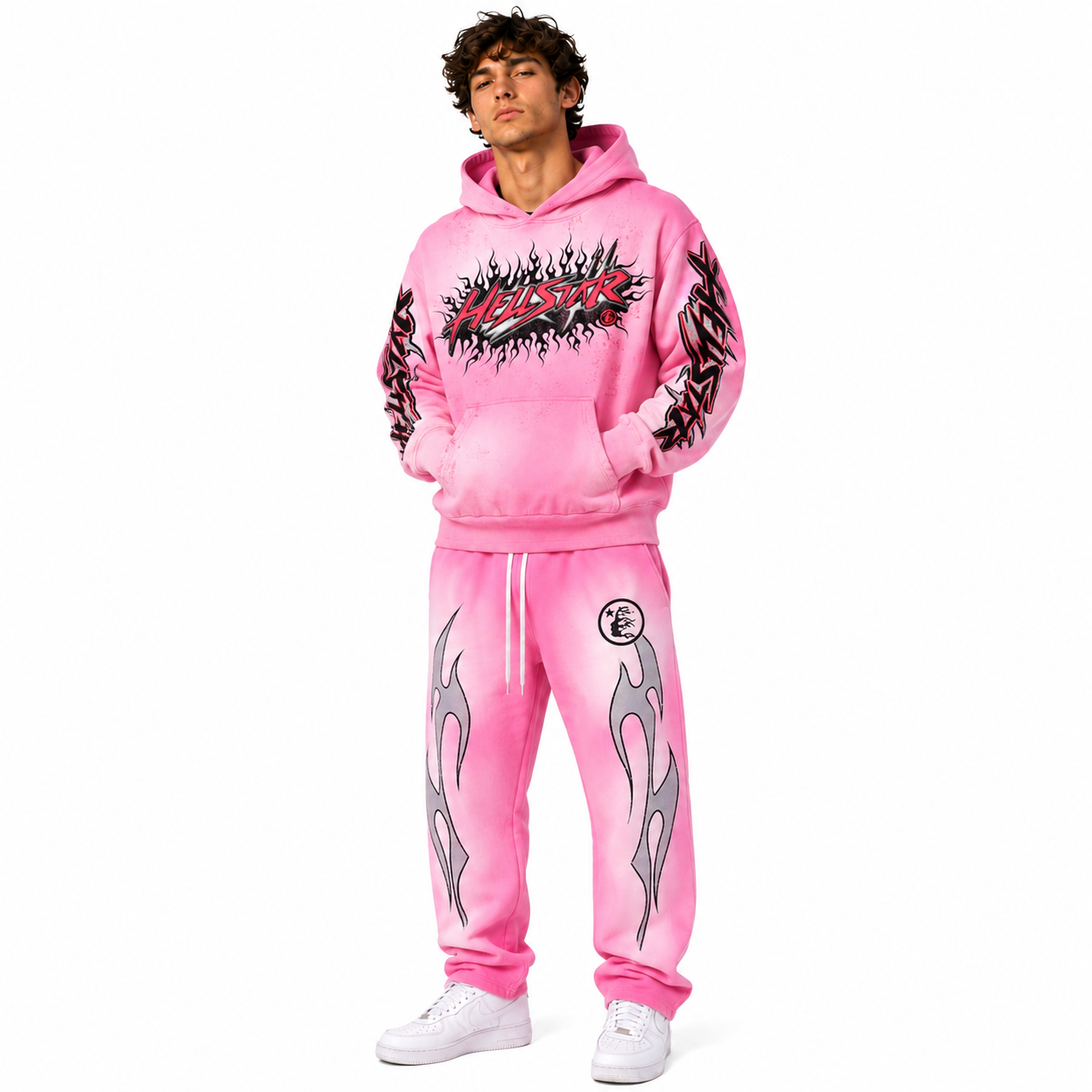 Hellstar Brainwashed Without Brain HoodiePink FW23+HELLSTAR Flame Sweatpants Pink Grey