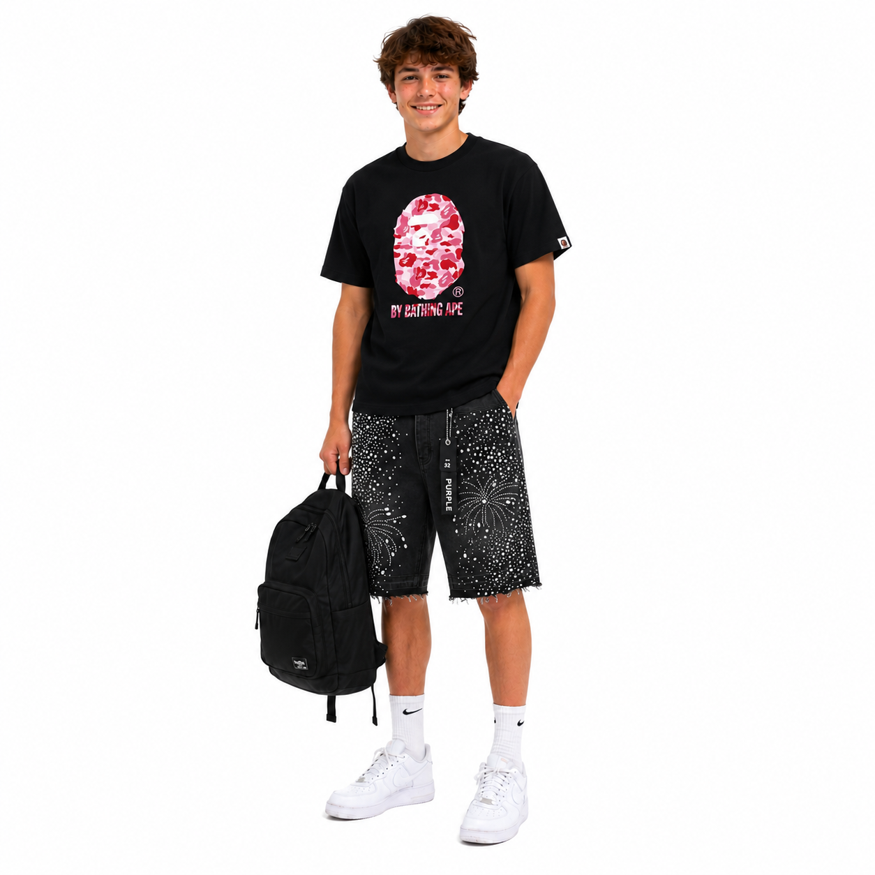 ABC CAMO BY BATHING TEE LADIES Black x Pink+Purple Brand Denim Shorts PK532