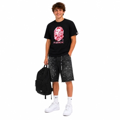 ABC CAMO BY BATHING TEE LADIES Black x Pink+Purple Brand Denim Shorts PK532 01