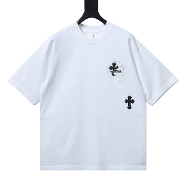 Chrome Hearts Vertical Multi Cross Patch T-Shirt+Denim Tears The Cotton Wreath Shorts Black Grey