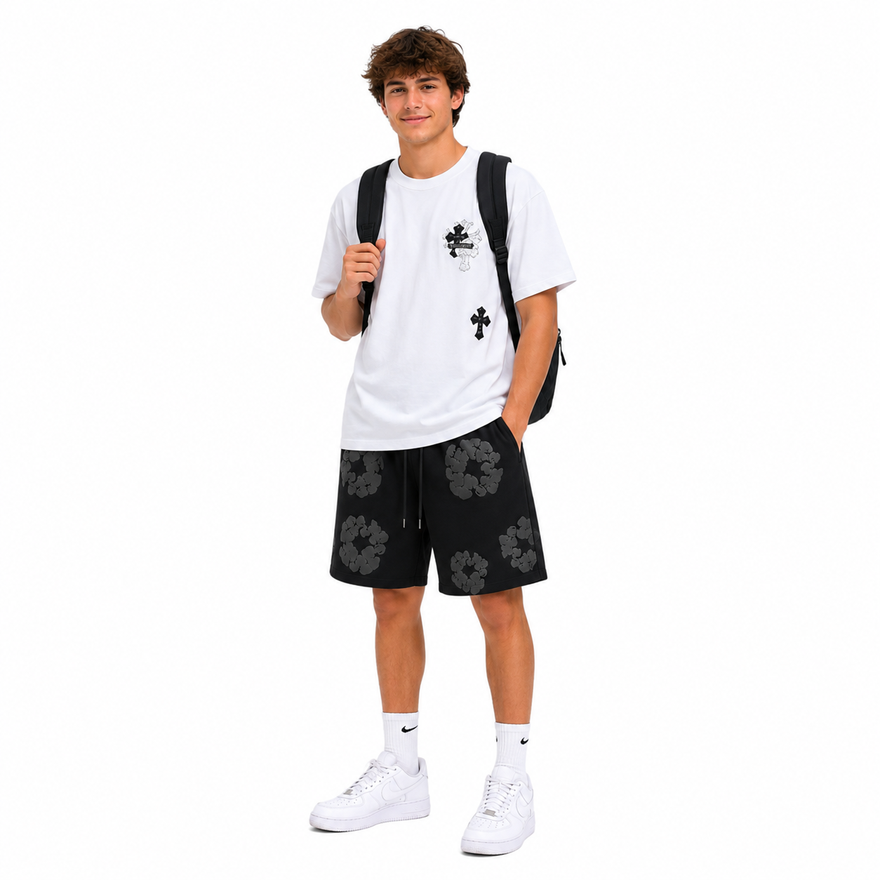 Chrome Hearts Vertical Multi Cross Patch T-Shirt+Denim Tears The Cotton Wreath Shorts Black Grey
