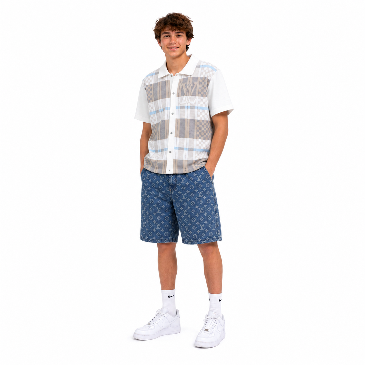 Louis Vuitton Checkered Jacquard Graphic Knit Polo Shirt+Louis Vuitton Monogram Denim Shorts
