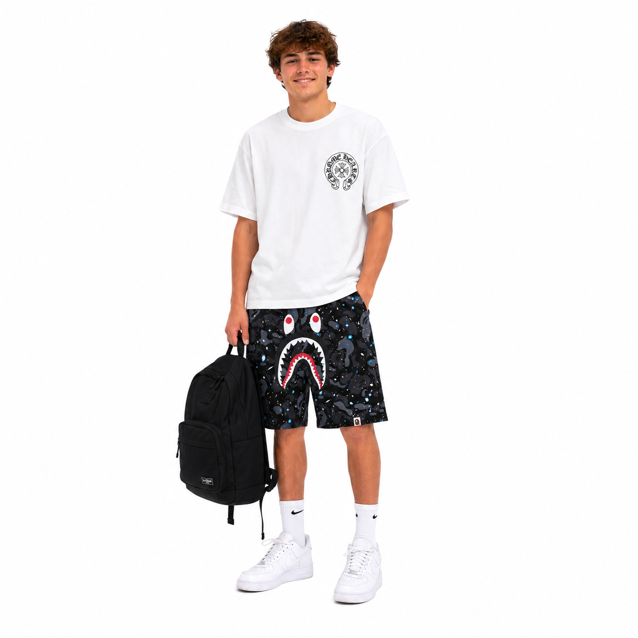 Chrome Hearts Glow-in-the-Dark Horseshoe Tee Black/White-2238#+BAPE Shorts-508#