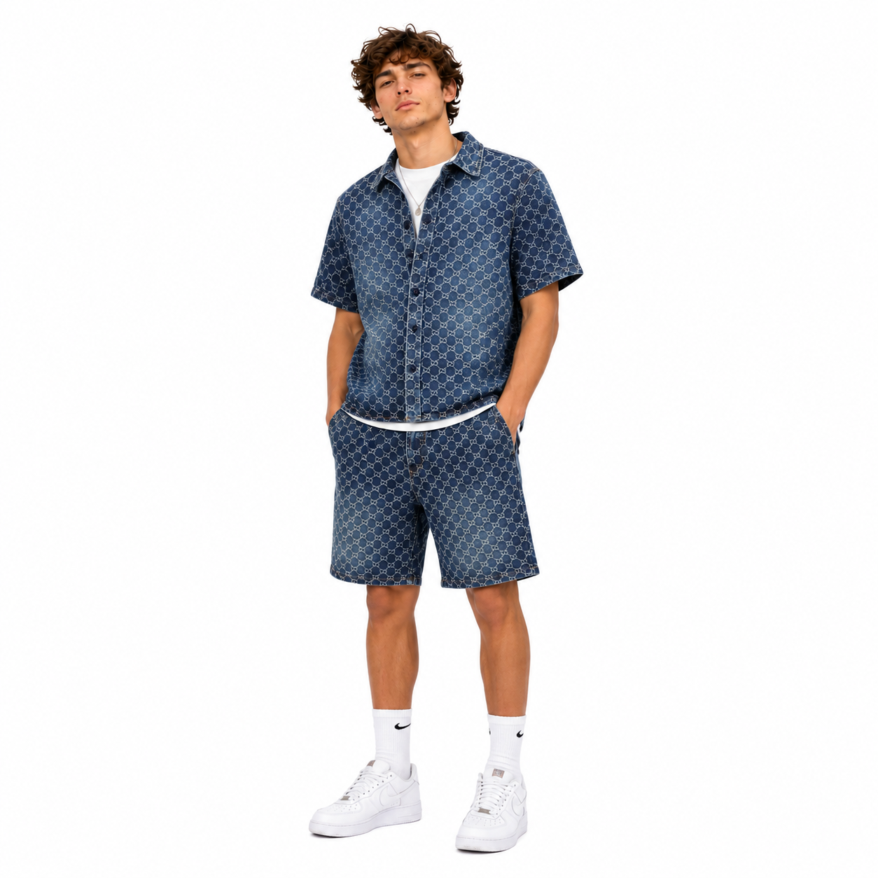 Gucci All-over monogram print denim short-sleeved shirt+Gucci All-over monogram denim shorts