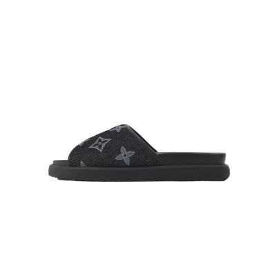 PK God Batch  LOUIS VUITTON Slippers Black Denim Fabric 01