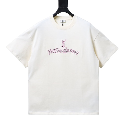 Saint Laurent Script Logo Leopard Embroidery Crew-Neck T-Shirt apricot
